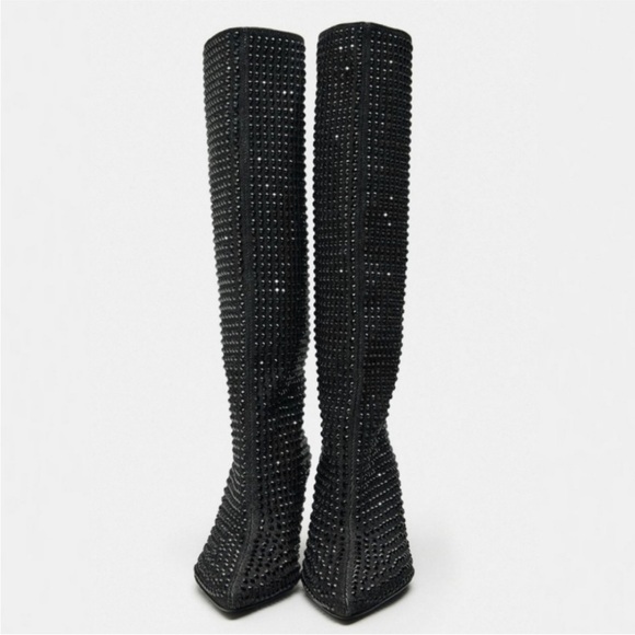 ZARA POINTED TOE RHINESTONE HEELED KNEE HIGH BOOTS - Picture 9 of 9